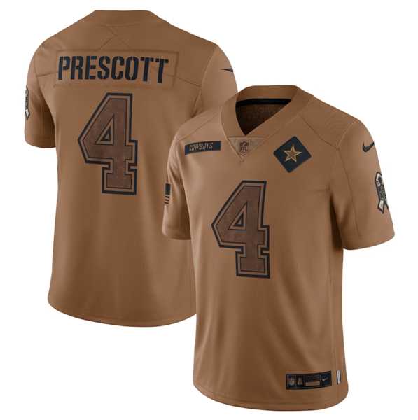 Men's Dallas Cowboys #4 Dak Prescott 2023 Brown Salute To Service Limited Football Stitched Jersey Dyin